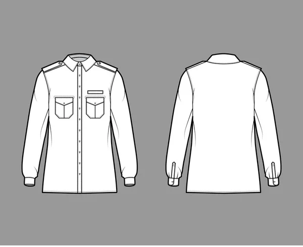 军服军事技术时尚图解与肩章，片角口袋，长袖，宽松的合身，钮扣下来 — 图库矢量图片