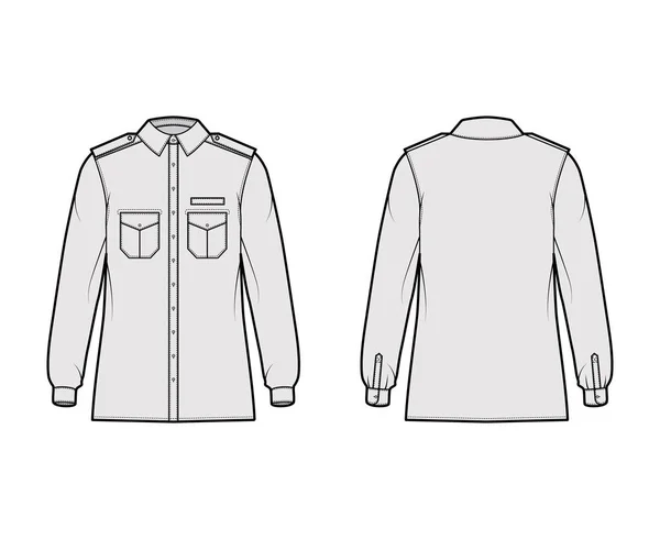 Chemise technique militaire illustration de mode avec épaulette, rabats poches inclinées, manches longues, coupe relax, boutonnage — Image vectorielle