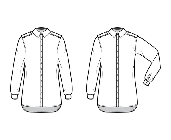 Camisa epaulette técnica moda ilustração com cotovelo dobrar manga longa, oversized, botão de abertura para baixo, colarinho — Vetor de Stock