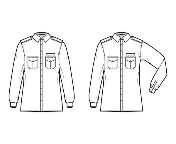 Shirt militaire technische mode illustratie met epaulette, flappen hoekige zakken, elleboog vouw lange mouw, ontspannen pasvorm — Stockvector