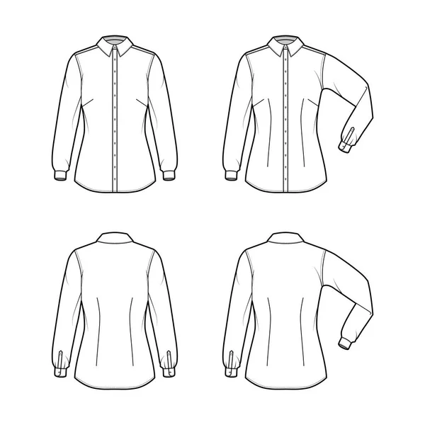 Shirt technische mode illustratie met elleboog vouw lange mouw, slim fit, darts, button-down — Stockvector