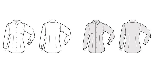 Koszula zamontowana techniczna moda Ilustracja z łokciem krotnie długi rękaw, szczupłe dopasowanie, rzutki, przycisk-down — Wektor stockowy