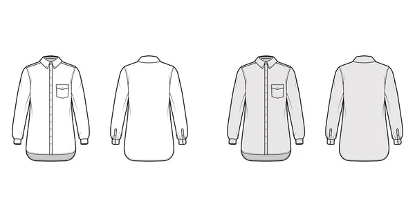 Klasická košile technické módní ilustrace s šikmou kapsou, dlouhé rukávy, relax fit, zapínání předních knoflíků — Stockový vektor