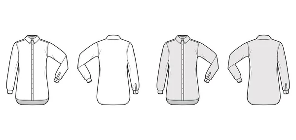 Klassieke shirt technische mode illustratie met elleboog vouw lange mouw, ontspannen pasvorm, knopen bevestiging, regelmatige kraag — Stockvector