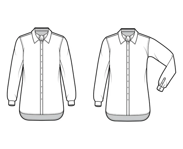 Zestaw koszula ascot pasek moda techniczna ilustracja z krawatem łuk, łokieć krotnie długi rękaw, przerośnięty, przycisk-down — Wektor stockowy