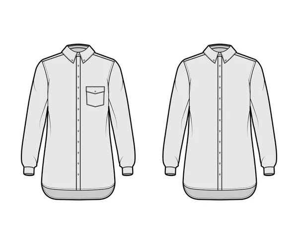 Conjunto de camisa botón abajo ilustración técnica de moda con bolsillo en ángulo, pliegue del codo, mangas largas rectas, de gran tamaño — Vector de stock