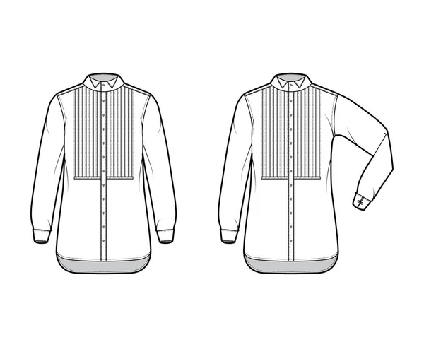 Conjunto de Vestido de esmoquin de camisa ilustración técnica de moda con babero plisado pintucked, doblar el codo mangas largas puño francés — Archivo Imágenes Vectoriales