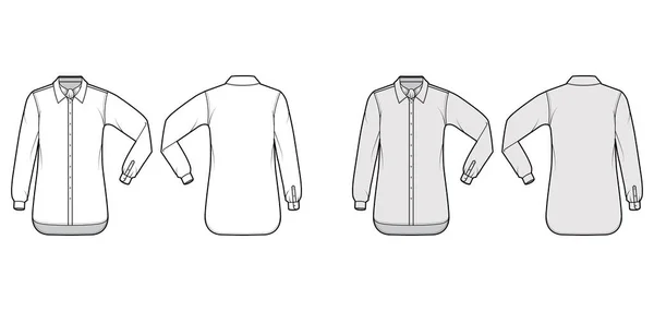 Shirt ascot streep technische mode illustratie met strik boog, elleboog vouw lange mouw, oversized, button-down, kraag — Stockvector