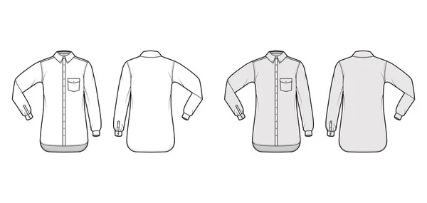 Ilustração de moda técnica de camisa clássica com bolso angular, cotovelo dobrar manga longa, relaxar, botões, colar regular — Vetor de Stock