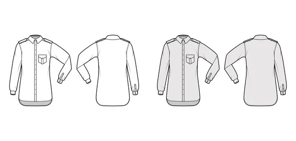 Hemd Schulterklappen technische Mode Illustration mit Klappen abgewinkelte Tasche, Ellbogenfalte lange Ärmel, entspannen fit, Knopf-Down — Stockvektor