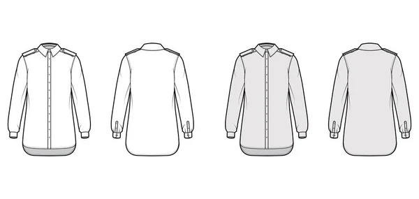 Hemd Schulterklappen technische Mode Illustration mit langen Ärmel mit Manschette, entspannen fit, Knopf-Down-Öffnung regulären Kragen — Stockvektor
