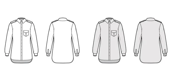 Shirt epaulette technische mode illustratie met flappen hoekige zak, elleboog vouw lange mouw, relax fit, knop-down — Stockvector