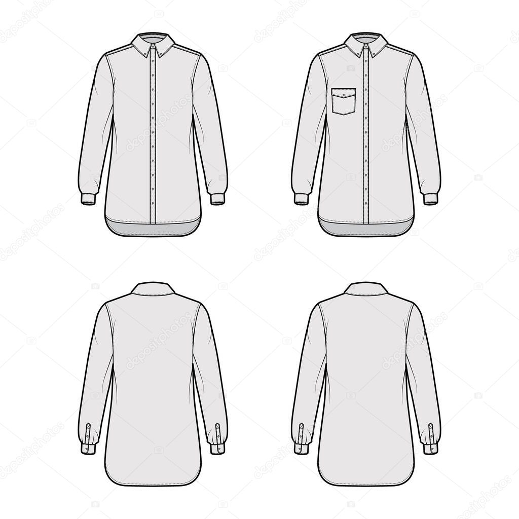 Set of Shirt button-down technical fashion illustration with angled pocket, elbow fold, straight long sleeves, oversized