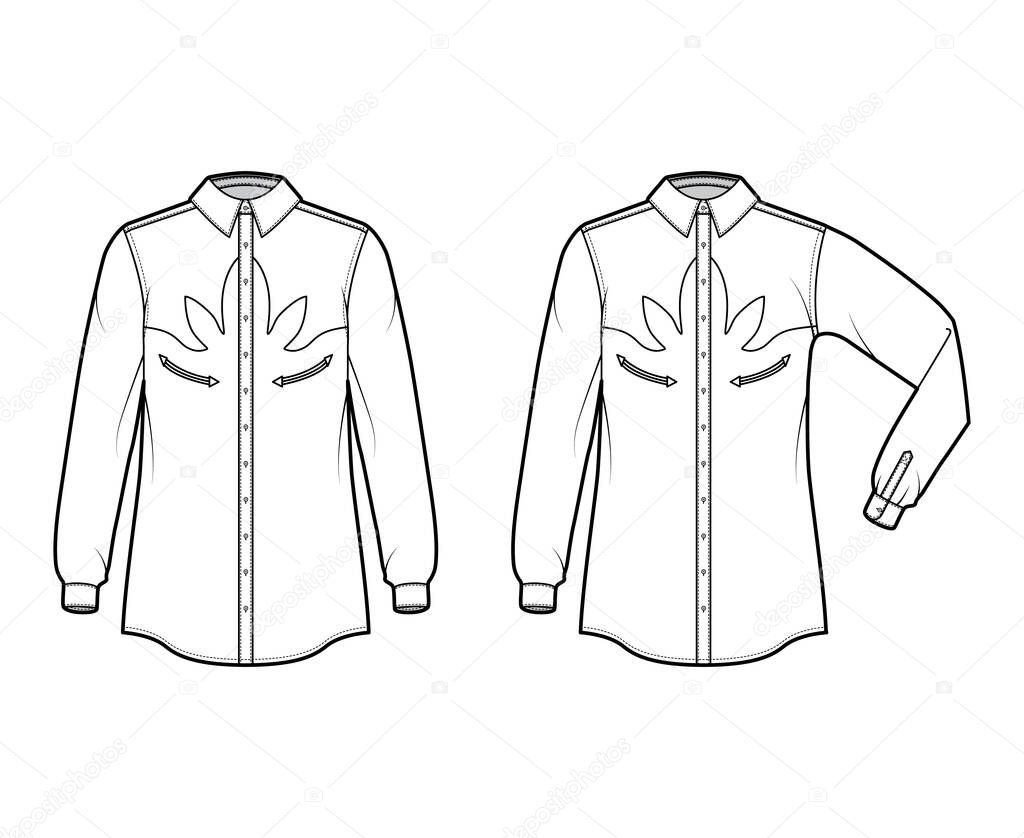 Set of Shirt western technical fashion illustration with elbow fold long sleeves, reinforced pockets, relax fit, yokes