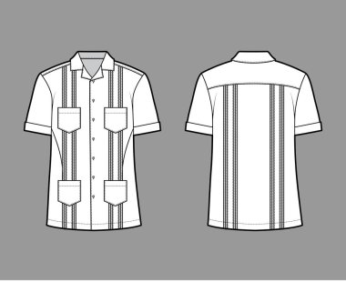Kısa kollu, pembeleşmiş, yama cepli, rahat, düğmeli tasmalı tişört Guayabera teknik tasviri.