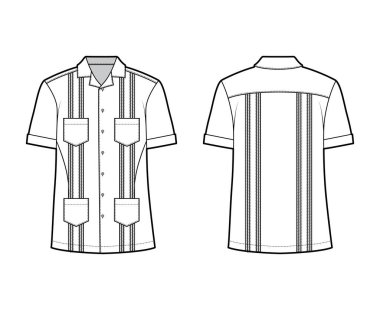 Kısa kollu, pembeleşmiş, yama cepli, rahat, düğmeli tasmalı tişört Guayabera teknik tasviri.