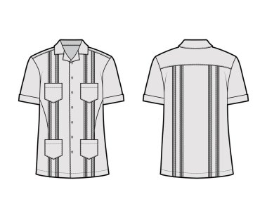 Kısa kollu, pembeleşmiş, yama cepli, rahat, düğmeli tasmalı tişört Guayabera teknik tasviri.