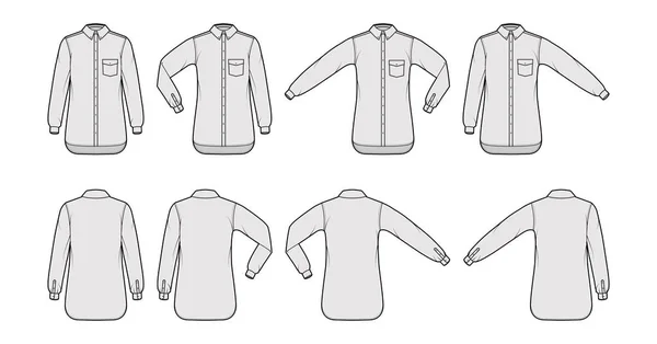 Conjunto de camisa botão para baixo técnica moda ilustração com bolso angulado, dobra de cotovelo, mangas compridas retas, oversized — Vetor de Stock