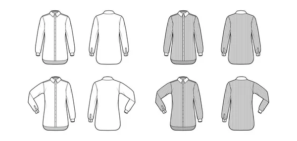 系列衬衫经典和神职人员条纹技术时尚插图与长袖，宽松的合身，钮扣，领口 — 图库矢量图片