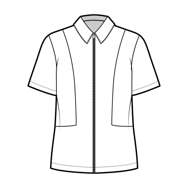 Camisa completa con cremallera ilustración técnica de moda con mangas cortas, ajuste relajante, yugos, cuello plano. Plantilla frontal — Vector de stock
