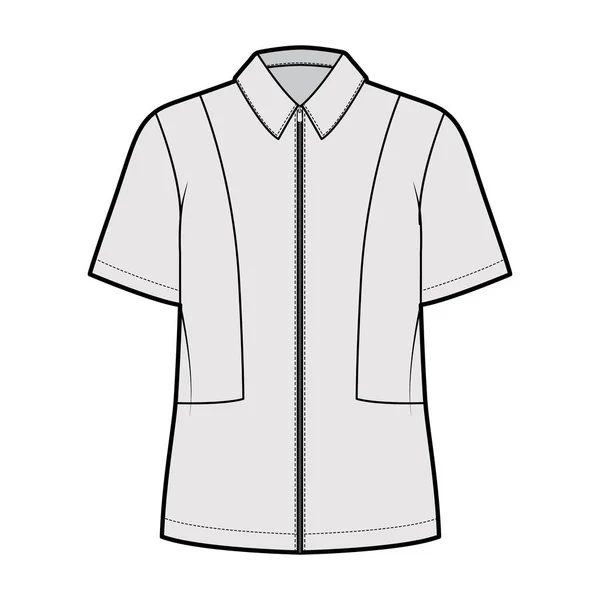 Camisa zip-up completo ilustração de moda técnica com mangas curtas, relaxar em forma, jugos, gola plana. Modelo dianteiro — Vetor de Stock