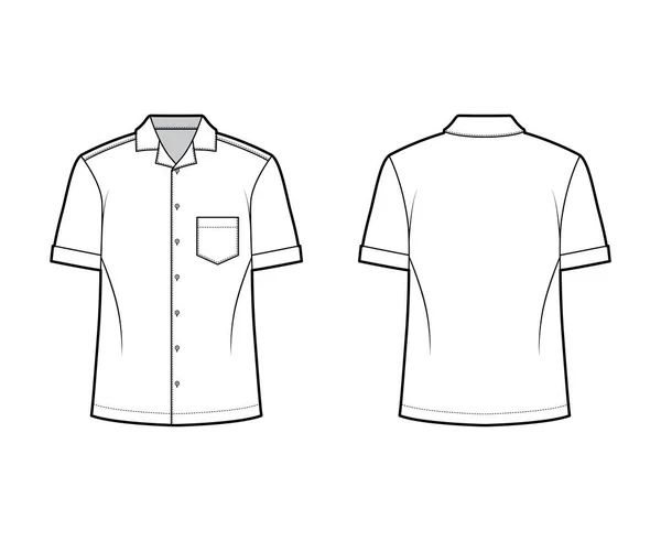 Camisa acampamento técnica de moda ilustração com mangas curtas, bolso de patch angular, relaxar em forma, botão-para baixo, colarinho aberto —  Vetores de Stock