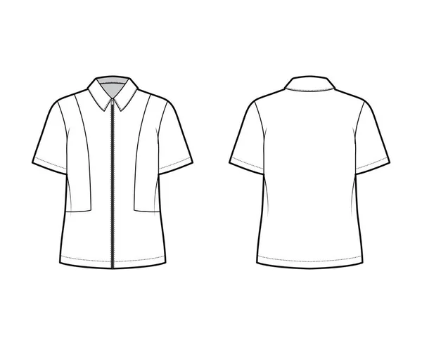 Hemd mit vollem Reißverschluss technische Modeillustration mit kurzen Ärmeln, entspannte Passform, Joch, flacher Kragen. Vorlagenfront — Stockvektor