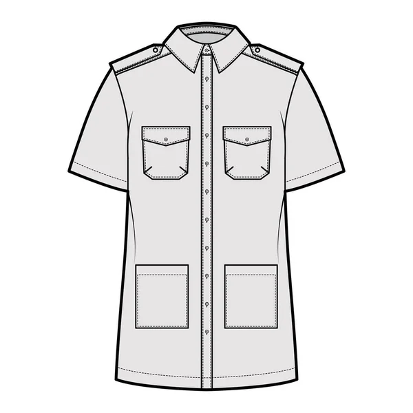 Shirt safari technical fashion illustration with short sleeves, flaps and patch pockets, relax fit, epaulettes, buttons — Stock Vector