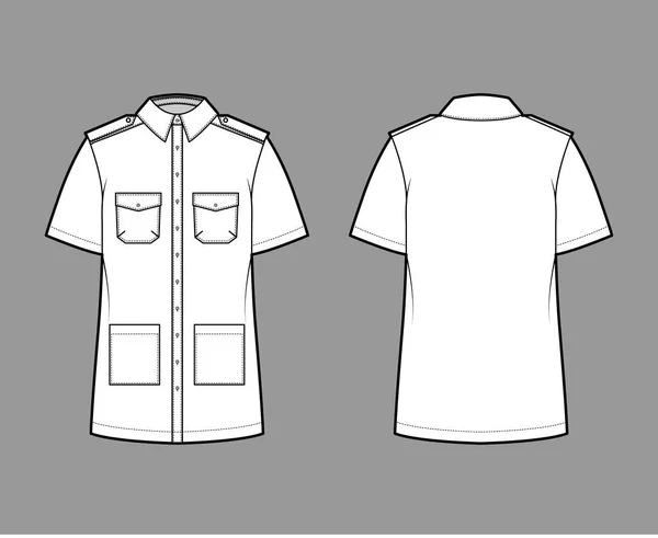 Shirt σαφάρι τεχνική απεικόνιση της μόδας με κοντά μανίκια, πτερύγια και τσέπες patch, χαλαρώστε ταιριάζει, επωμίδες, κουμπιά — Διανυσματικό Αρχείο
