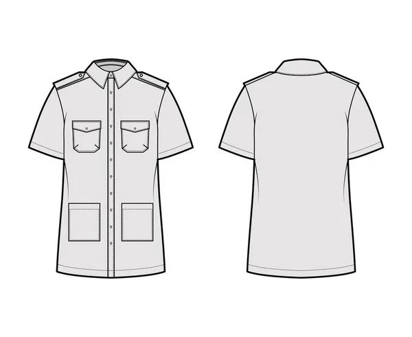 Camisa safari técnica moda ilustração com mangas curtas, abas e bolsos de patch, relaxar em forma, epaulettes, botões —  Vetores de Stock