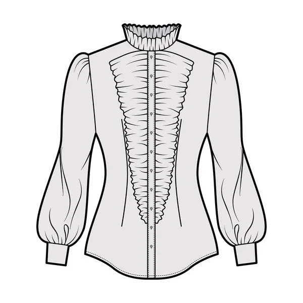 Chemise habillée illustration de mode technique à manches longues, jabot, coupe slim, col froncé, boutonné, vintage — Image vectorielle