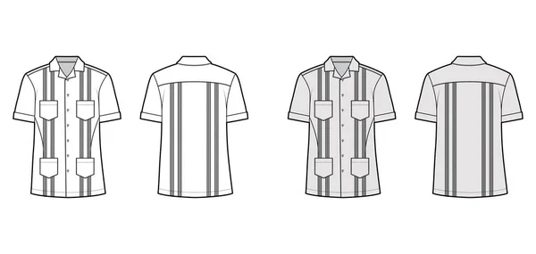 Hemd guayabera technische Mode Illustration mit kurzen Ärmeln, Biesen, aufgesetzte Taschen, entspannte Passform, Joch-Knopf-Down — Stockvektor