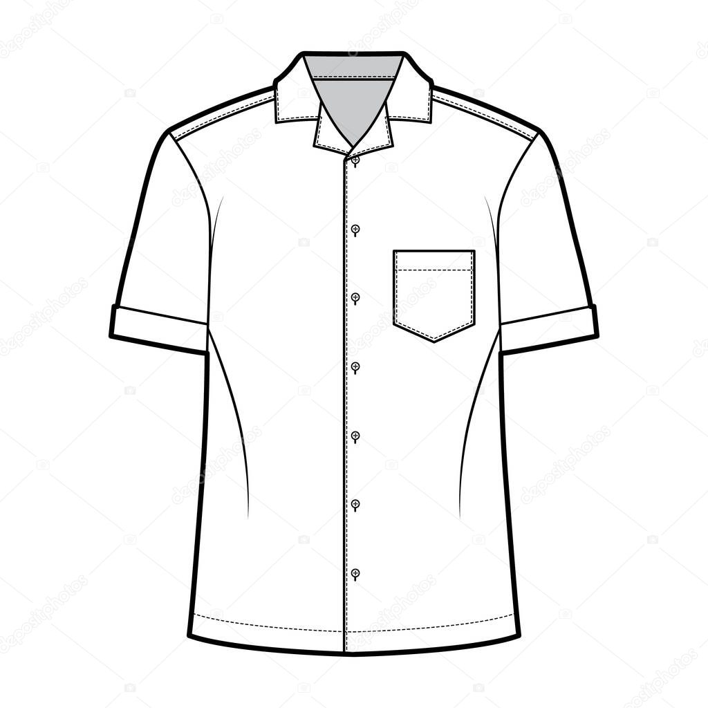 Shirt camp technical fashion illustration with short sleeves, angled patch pocket, relax fit, button-down, open collar