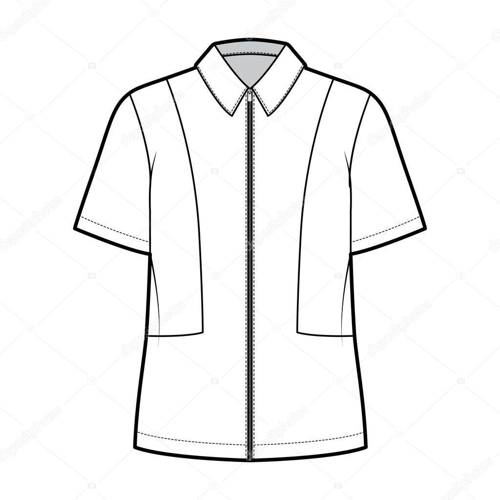 Shirt full zip-up technical fashion illustration with short sleeves, relax fit, yokes, flat collar. Template front