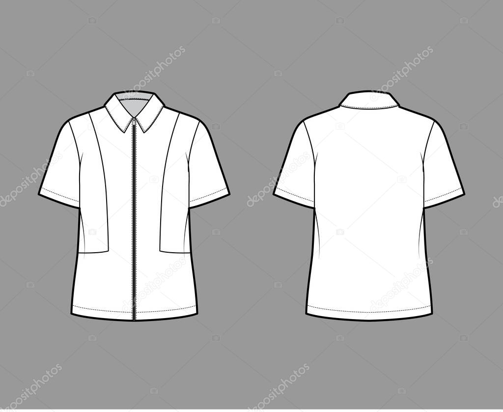 Shirt full zip-up technical fashion illustration with short sleeves, relax fit, yokes, flat collar. Template front