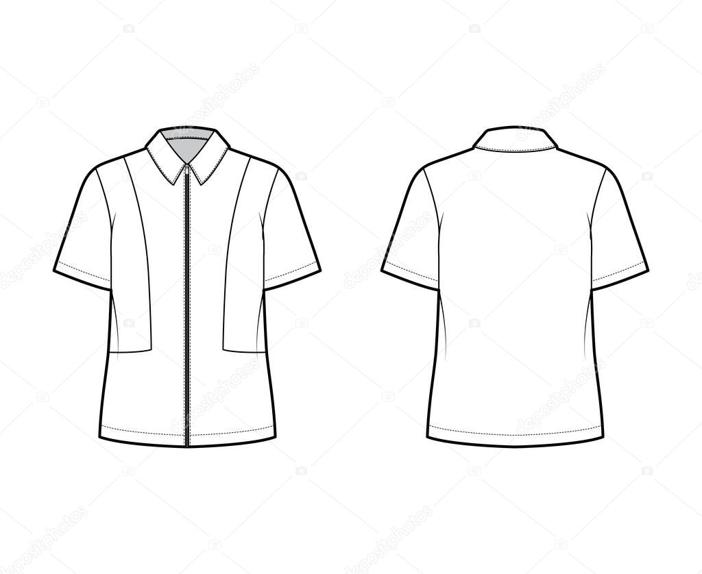 Shirt full zip-up technical fashion illustration with short sleeves, relax fit, yokes, flat collar. Template front