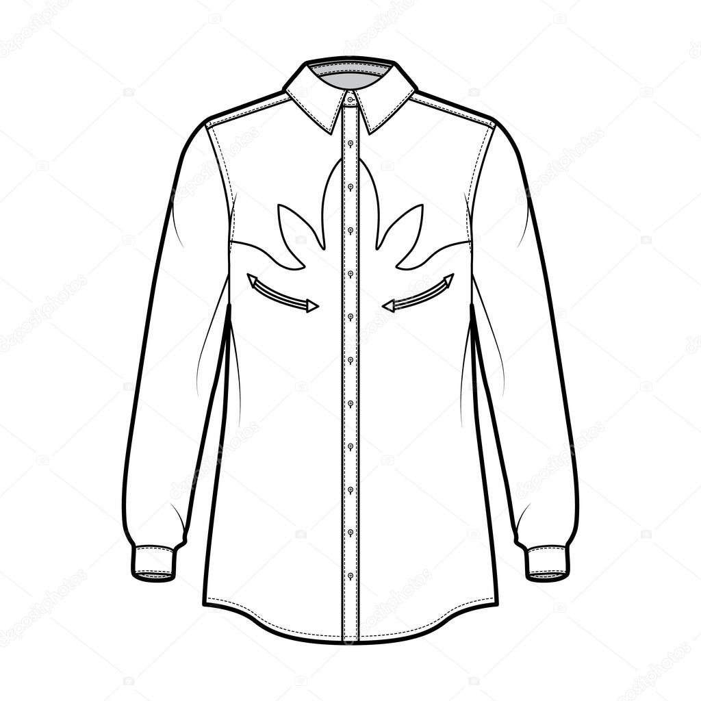 Shirt western technical fashion illustration with long sleeves, reinforced pockets, relax fit, yokes, button-down, 