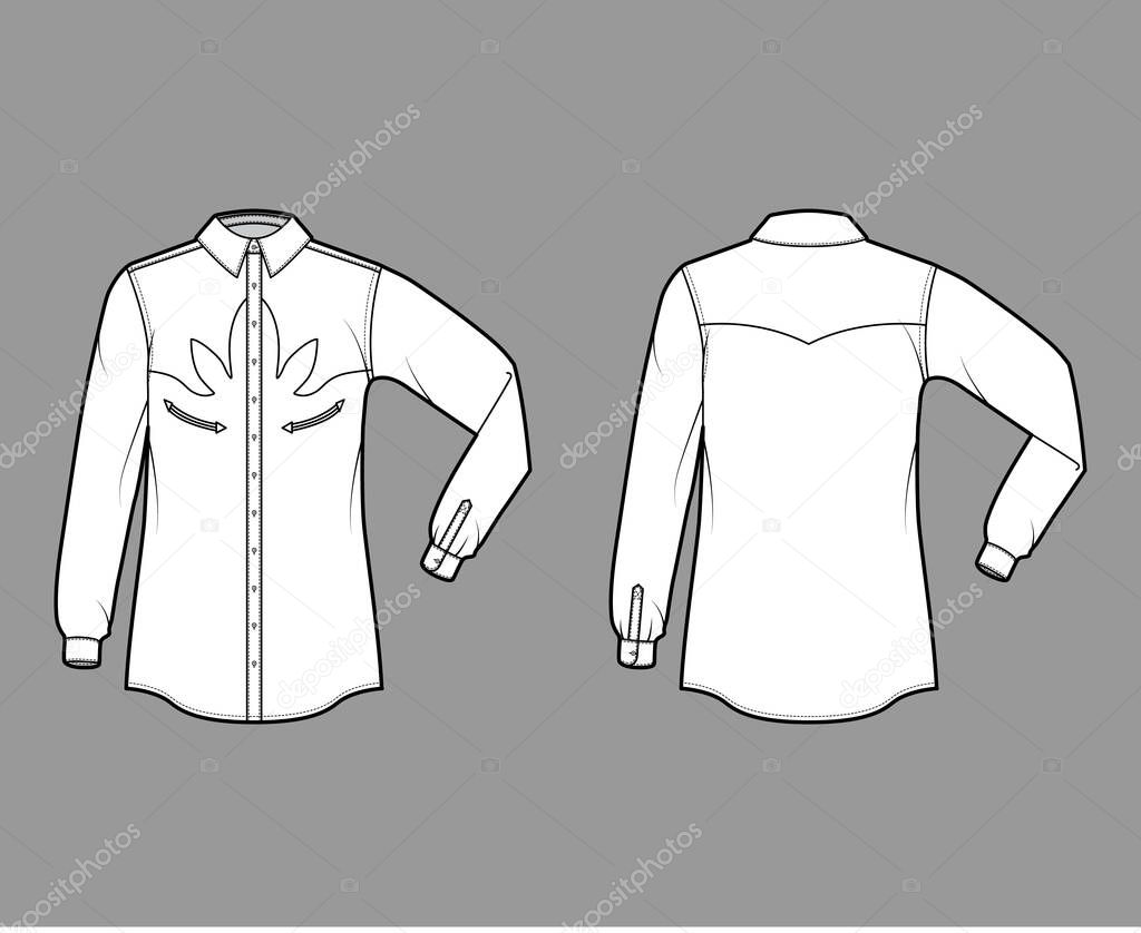 Shirt western technical fashion illustration with elbow fold long sleeves, reinforced pockets, relax fit, yokes, button