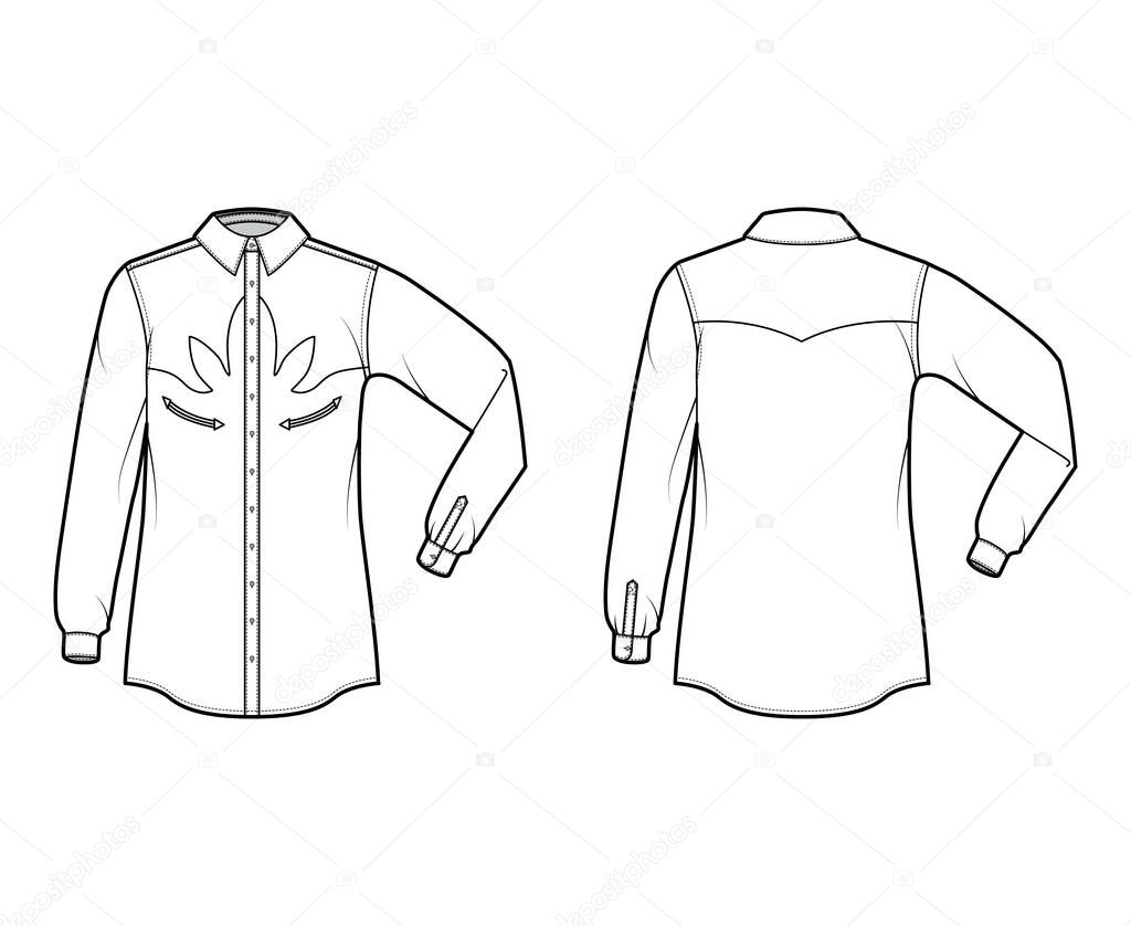Shirt western technical fashion illustration with elbow fold long sleeves, reinforced pockets, relax fit, yokes, button