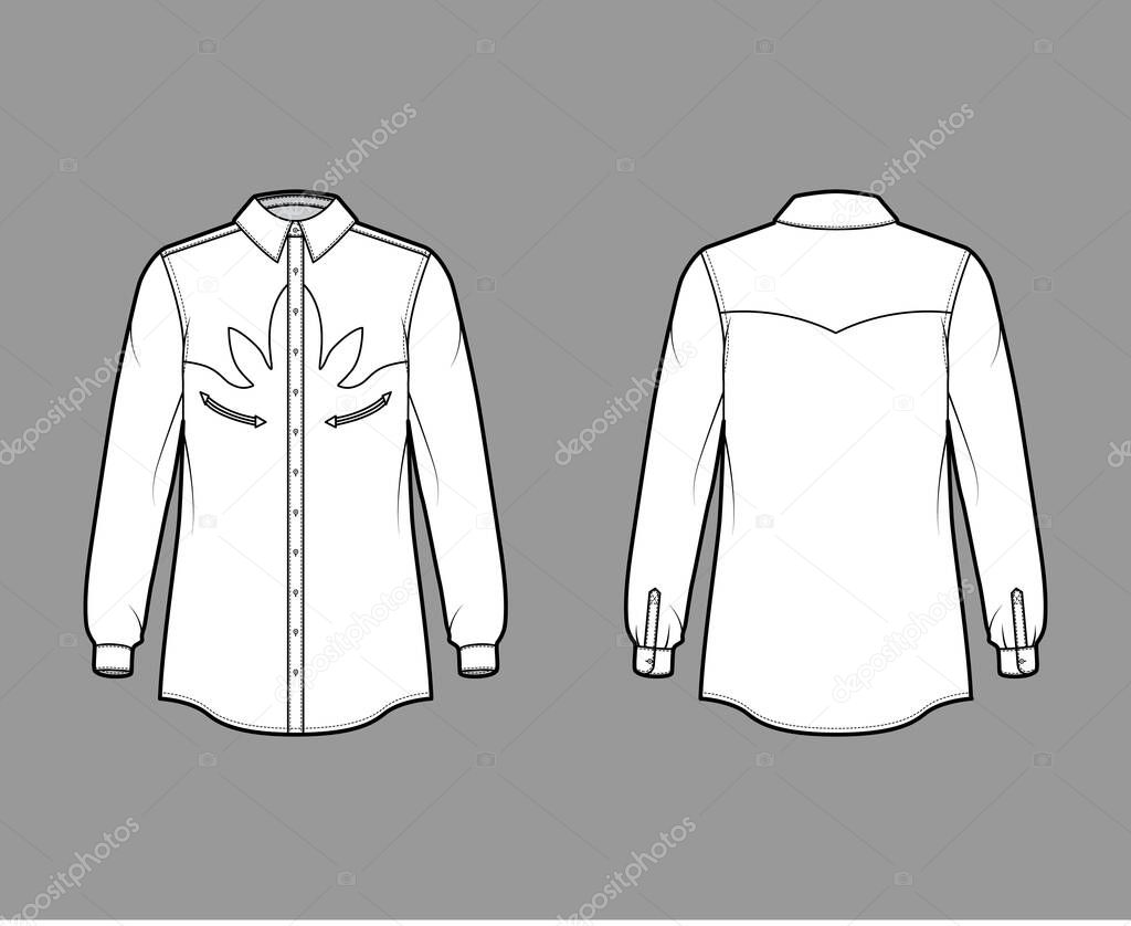 Shirt western technical fashion illustration with long sleeves, reinforced pockets, relax fit, yokes, button-down, 