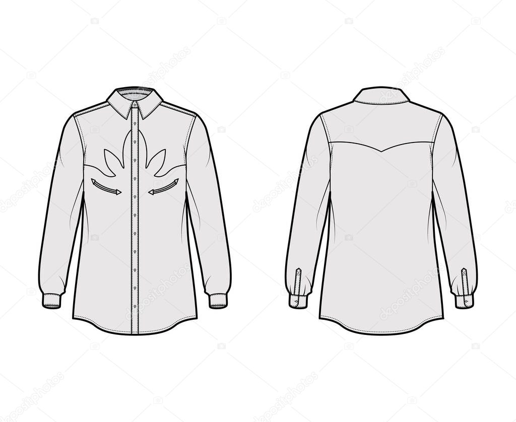 Shirt western technical fashion illustration with long sleeves, reinforced pockets, relax fit, yokes, button-down, 