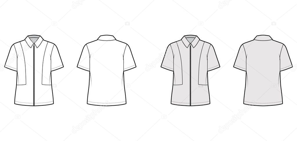 Shirt full zip-up technical fashion illustration with short sleeves, relax fit, yokes, flat collar. Template front