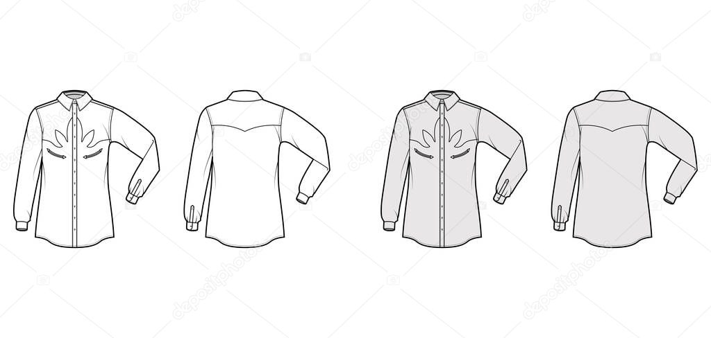 Shirt western technical fashion illustration with elbow fold long sleeves, reinforced pockets, relax fit, yokes, button