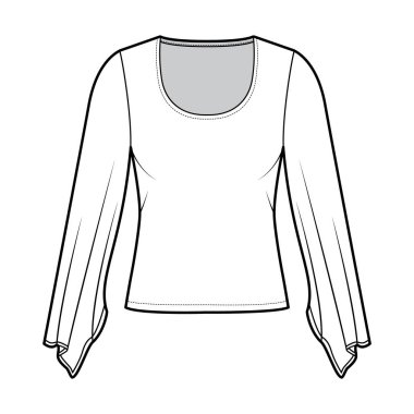 Kimono 'nun uzun kollu, ince formalı, bel altı uzun kollu, teknik moda illüstrasyonuyla üstte. Düz giyimli bluz.