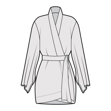 Kimono bornoz teknik tasviri, uzun kollu, kemer bel hizasında, diz üstü..