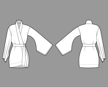 Kimono bornoz teknik tasviri, uzun kollu, kemer bel hizasında, diz üstü..