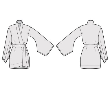 Kimono bornoz teknik tasviri, uzun kollu, kemer bel hizasında, diz üstü..