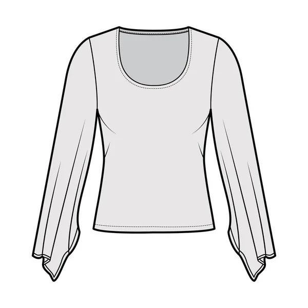 Top con Kimono manga larga ilustración técnica de moda con ajuste delgado, bajo la longitud de la cintura. Blusa de ropa plana — Archivo Imágenes Vectoriales
