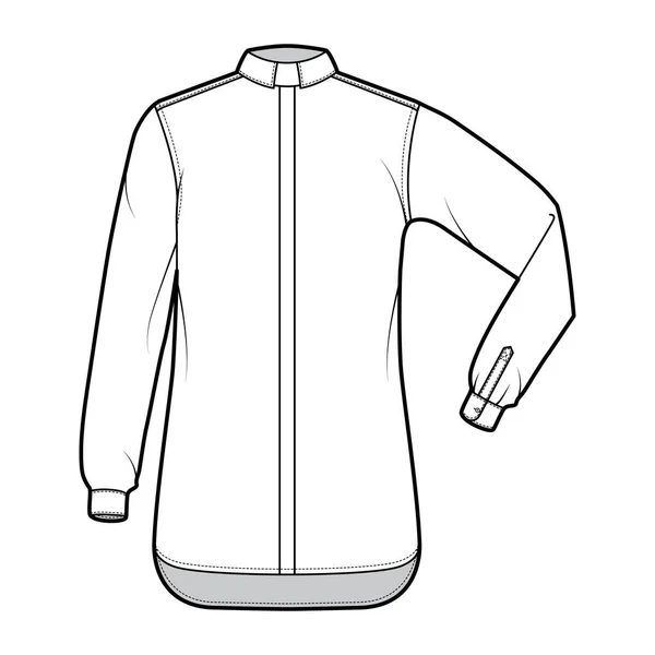 Shirt geestelijken technische mode illustratie met elleboog vouw lange mouwen, ontspannen pasvorm, verborgen knop-down, Tab Collar — Stockvector