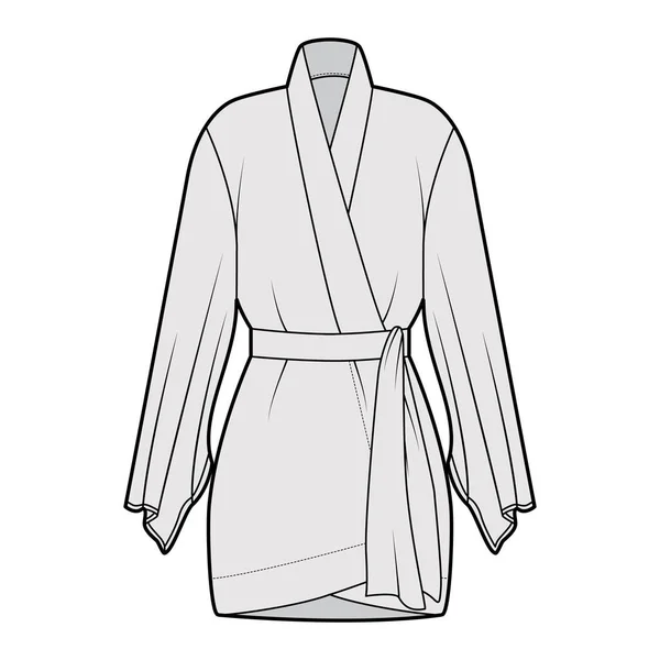 Ilustracja moda techniczna szlafrok Kimono z długimi szerokimi rękawami, pasek do wycinania talii, powyżej kolana. — Wektor stockowy